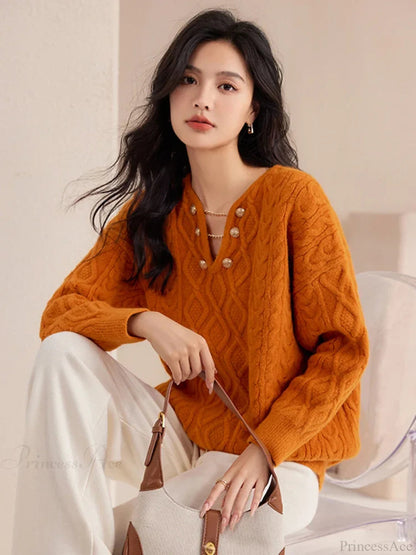 Gentle Temperament V-neck Autumn Winter Red Christmas Sweater