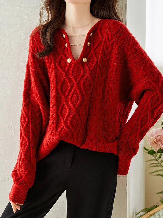 Gentle Temperament V-neck Autumn Winter Red Christmas Sweater