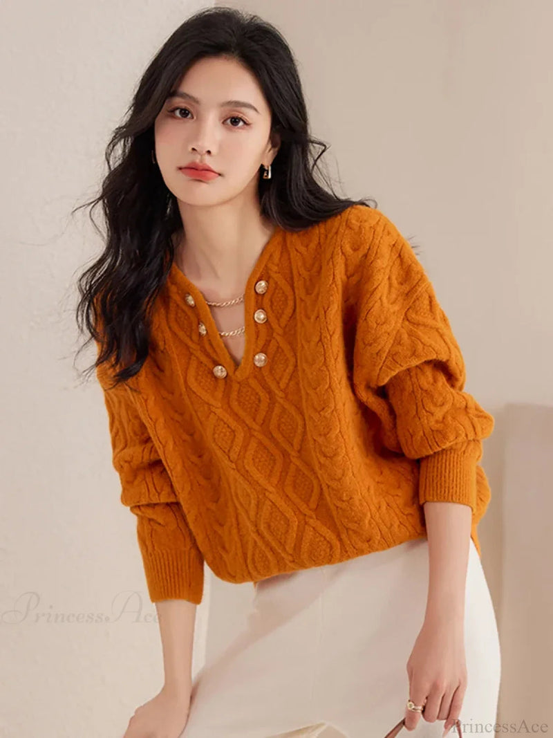 Gentle Temperament V-neck Autumn Winter Red Christmas Sweater