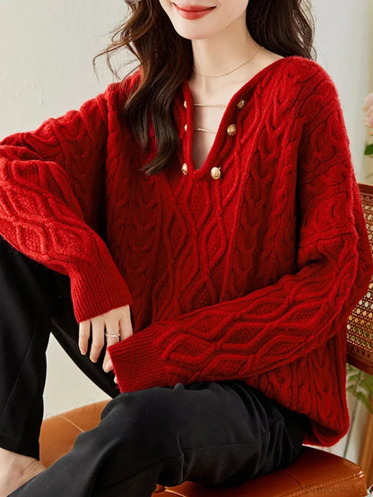 Gentle Temperament V-neck Autumn Winter Red Christmas Sweater