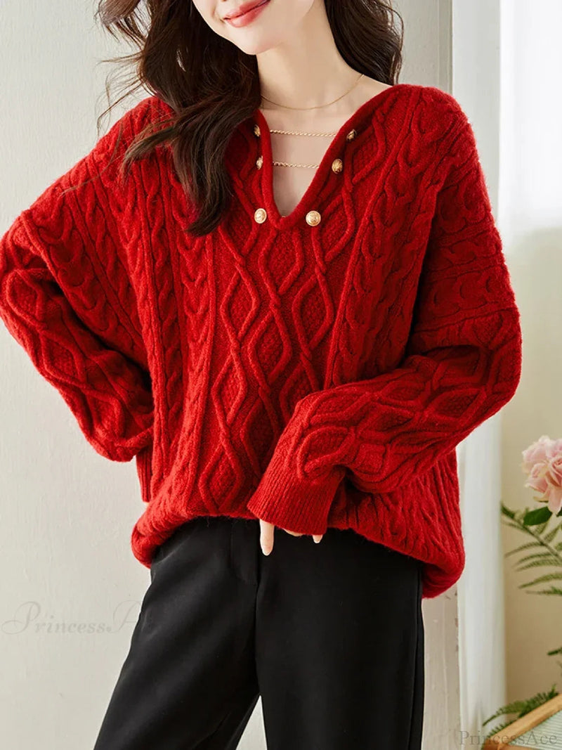 Gentle Temperament V-neck Autumn Winter Red Christmas Sweater