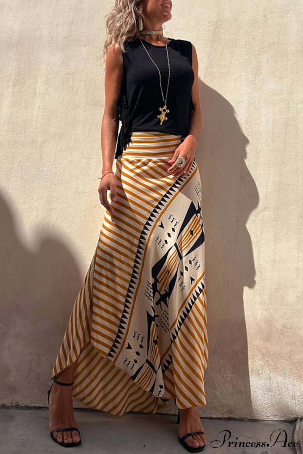 Geometric Print Elastic Charming Waist Maxi Skirt