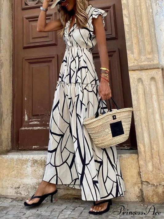 Geometric Print V-neck Charming Ruffled Hem Maxi Dress