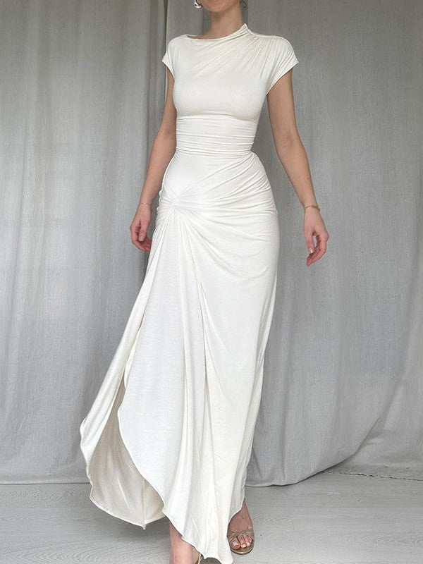 Short Sleevees Ruched High Slit Maxi Dress