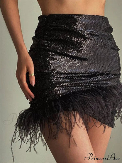 Glitter Sequin Feather Tassel Mini Skirt