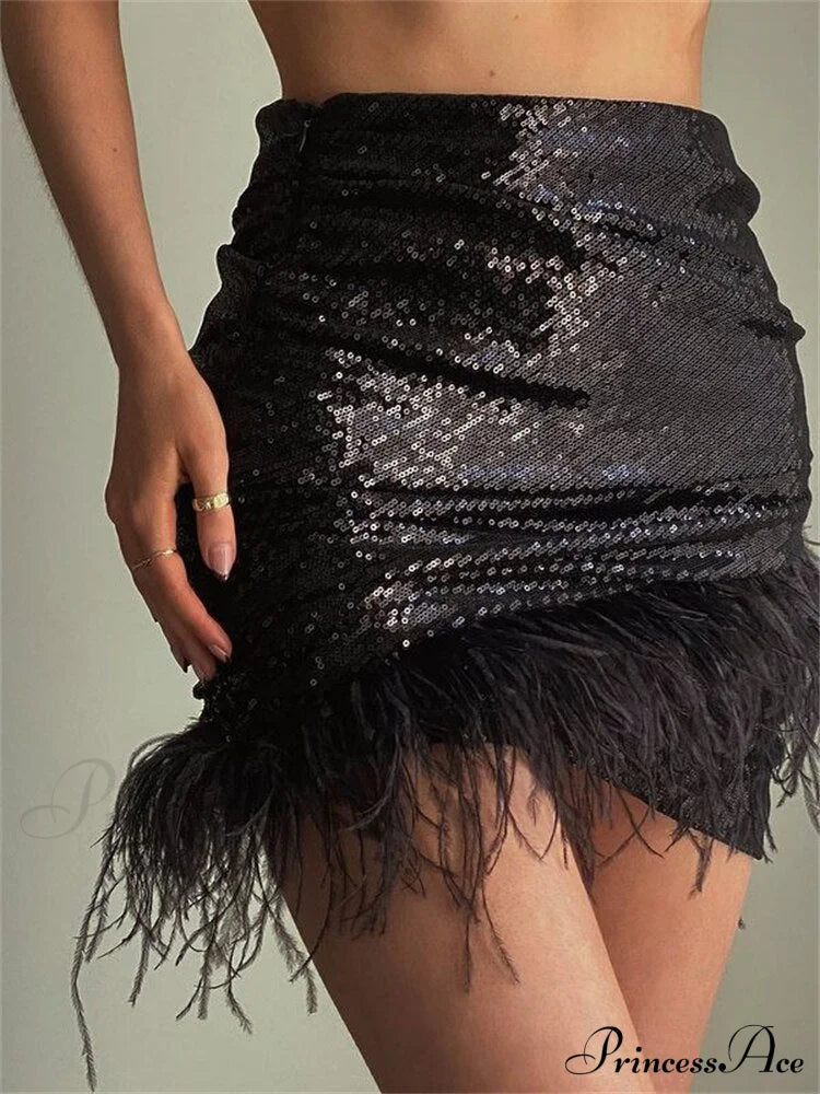 Glitter Sequin Feather Tassel Mini Skirt