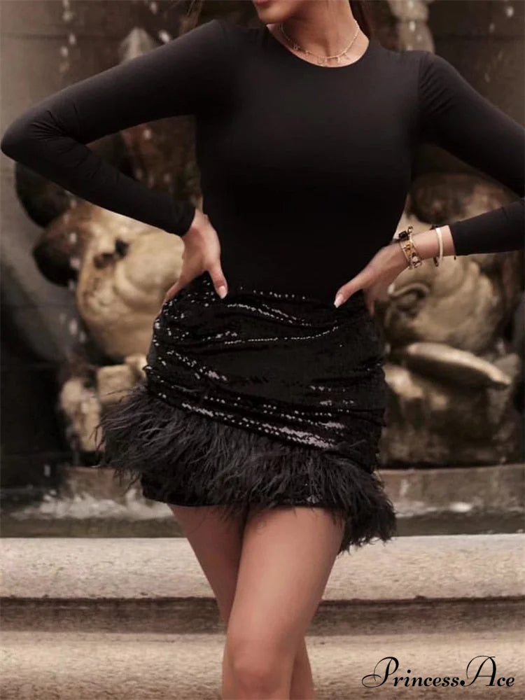 Glitter Sequin Feather Tassel Mini Skirt