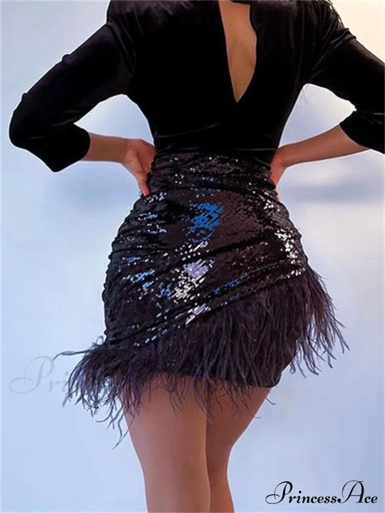 Glitter Sequin Feather Tassel Mini Skirt