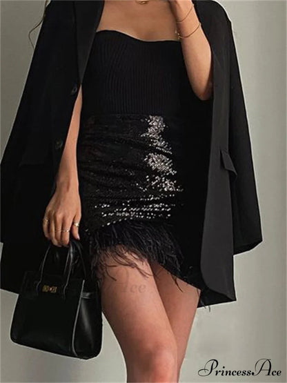 Glitter Sequin Feather Tassel Mini Skirt