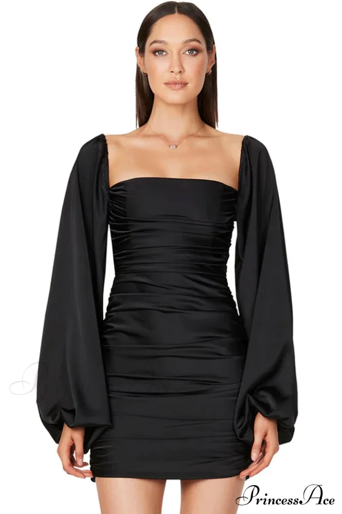 Glossy Satin Square Charming Neck Mini Dress
