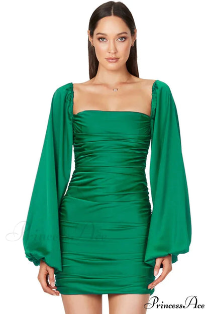 Glossy Satin Square Charming Neck Mini Dress
