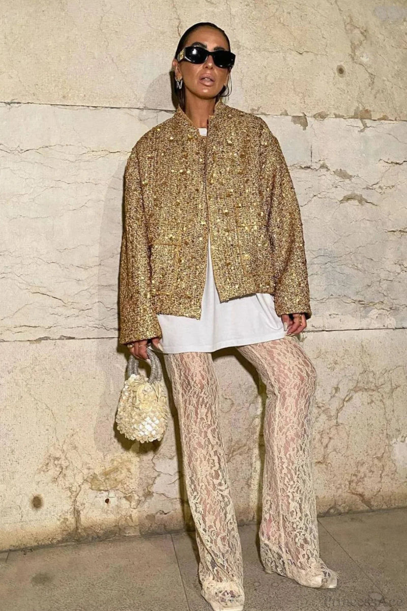 Gold 3d Sequin Embroidered Wool Blend Pocket Coat