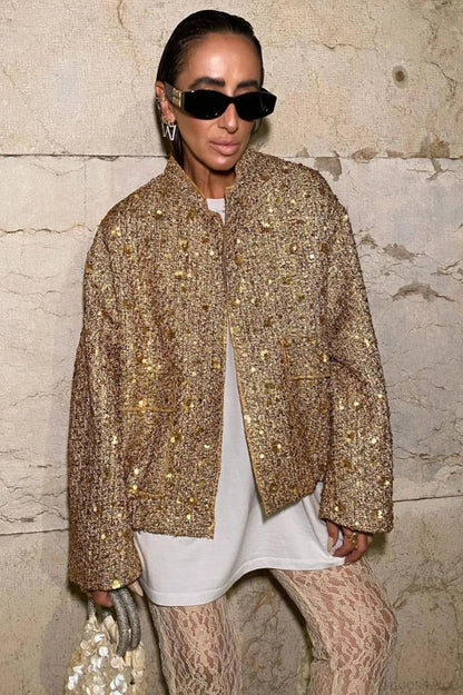 Gold 3d Sequin Embroidered Wool Blend Pocket Coat