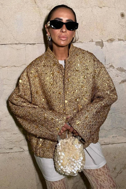 Gold 3d Sequin Embroidered Wool Blend Pocket Coat