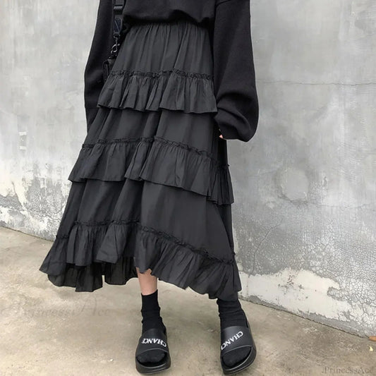 Gothic High Low Ruched Ruffle Skirt