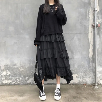 Gothic High Low Ruched Ruffle Skirt