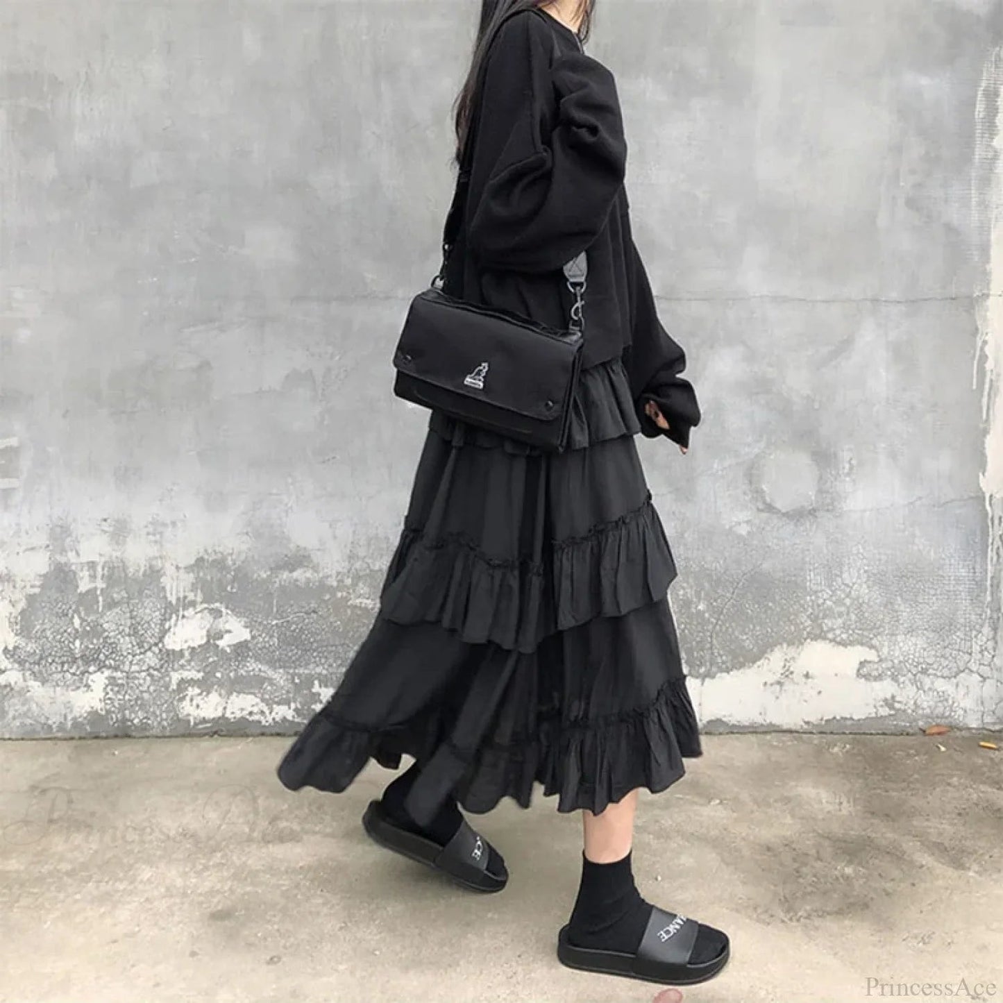 Gothic High Low Ruched Ruffle Skirt