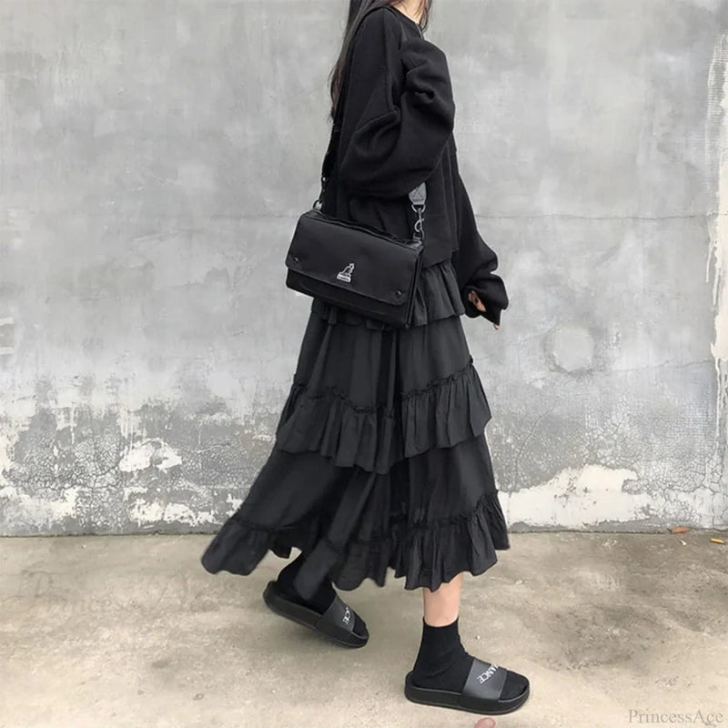 Gothic High Low Ruched Ruffle Skirt