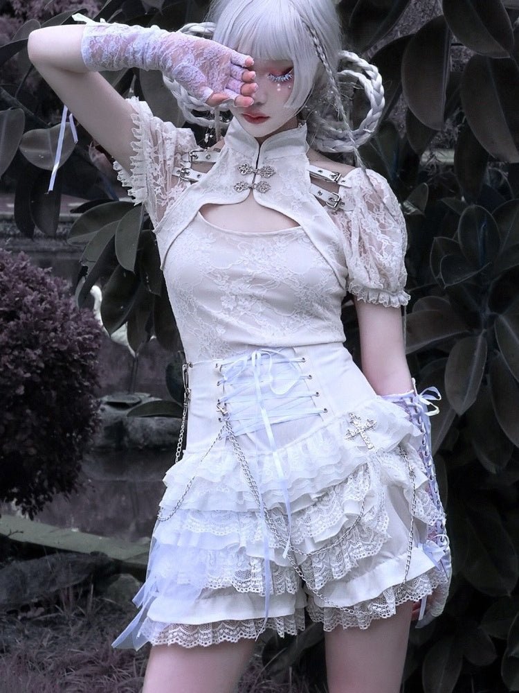 Gothic Lolita Shorts With White Layered Lace Ruffles