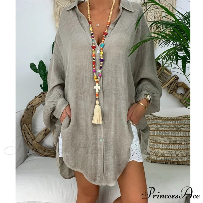 Gown Office Robe Linen Lapel Lady Long Vestidos Blouse Cotton Tunic Work Blouses Shirts Femme