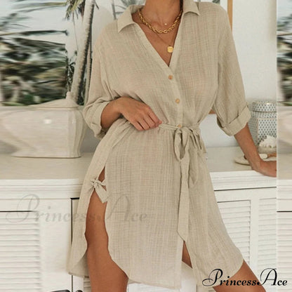Gown Office Robe Linen Lapel Lady Long Vestidos Blouse Cotton Tunic Work Blouses Shirts Femme