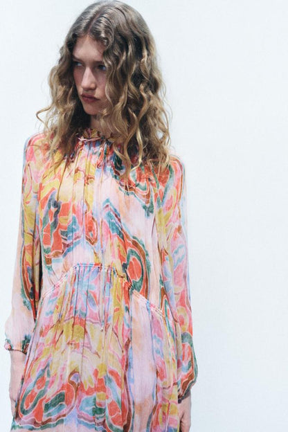 Grace Printed Balloon Sleeve Midi Dress