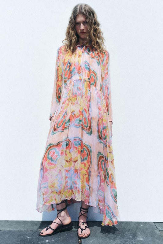 Grace Printed Balloon Sleeve Midi Dress