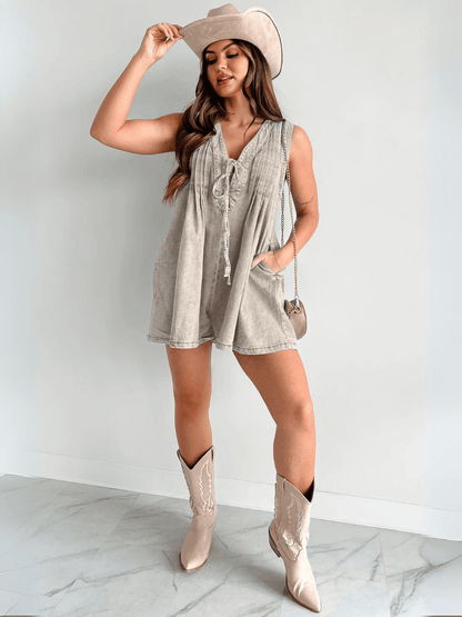 Abbey™ | Light Denim Romper With Tie Closure