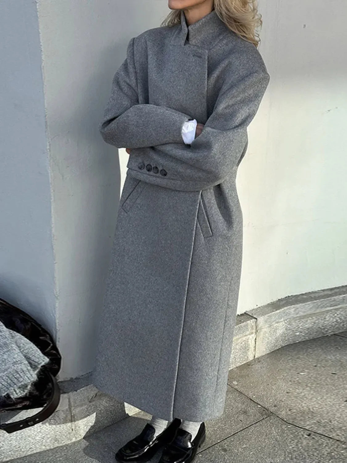 Gray Wool Notched Button Up Overcoat