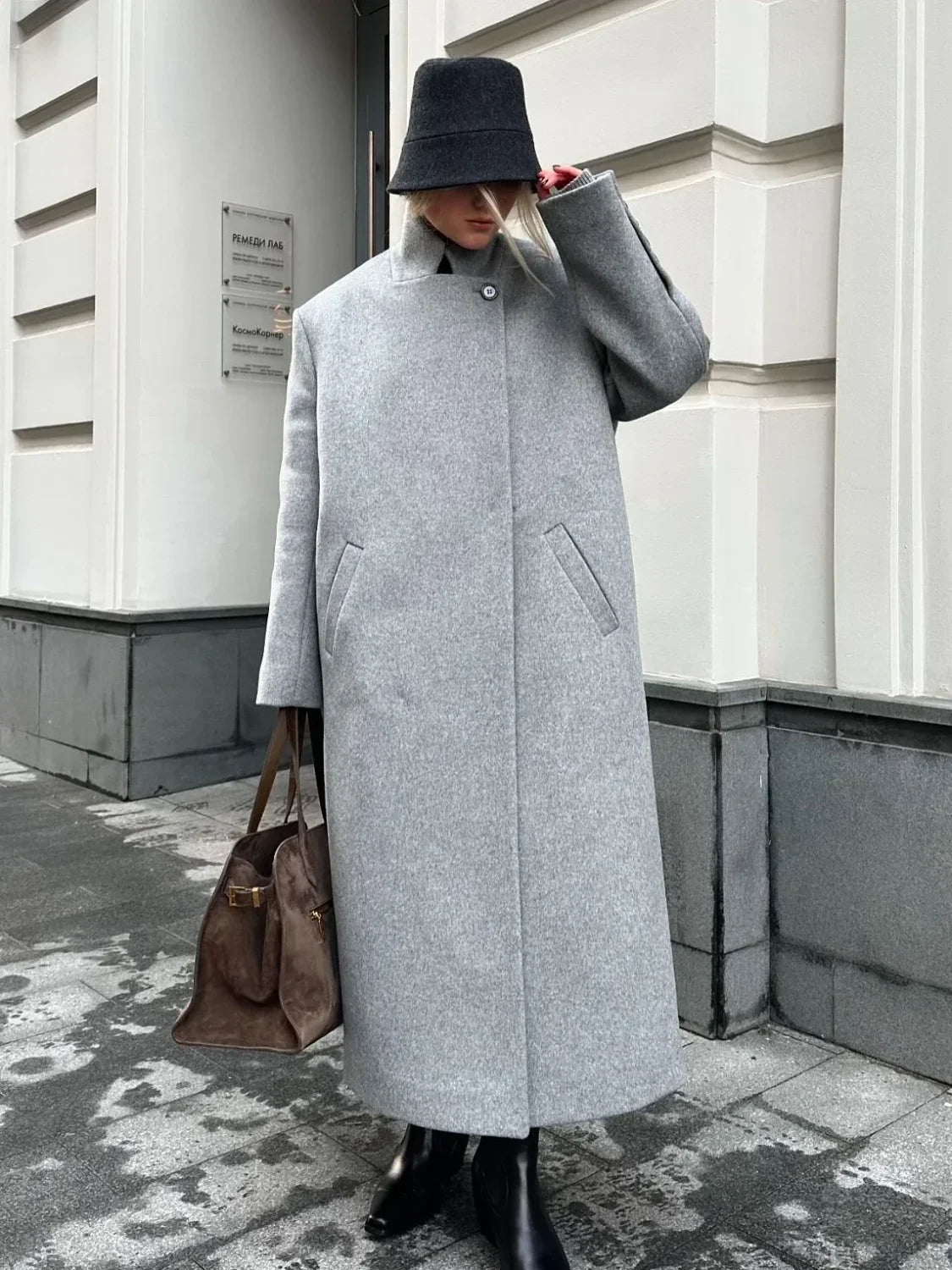 Gray Wool Notched Button Up Overcoat