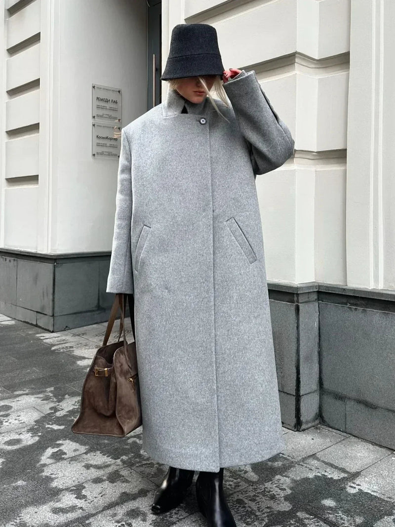 Gray Wool Notched Button Up Overcoat