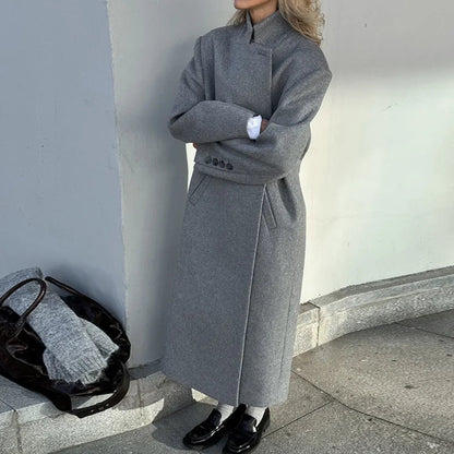 Gray Wool Notched Button Up Overcoat