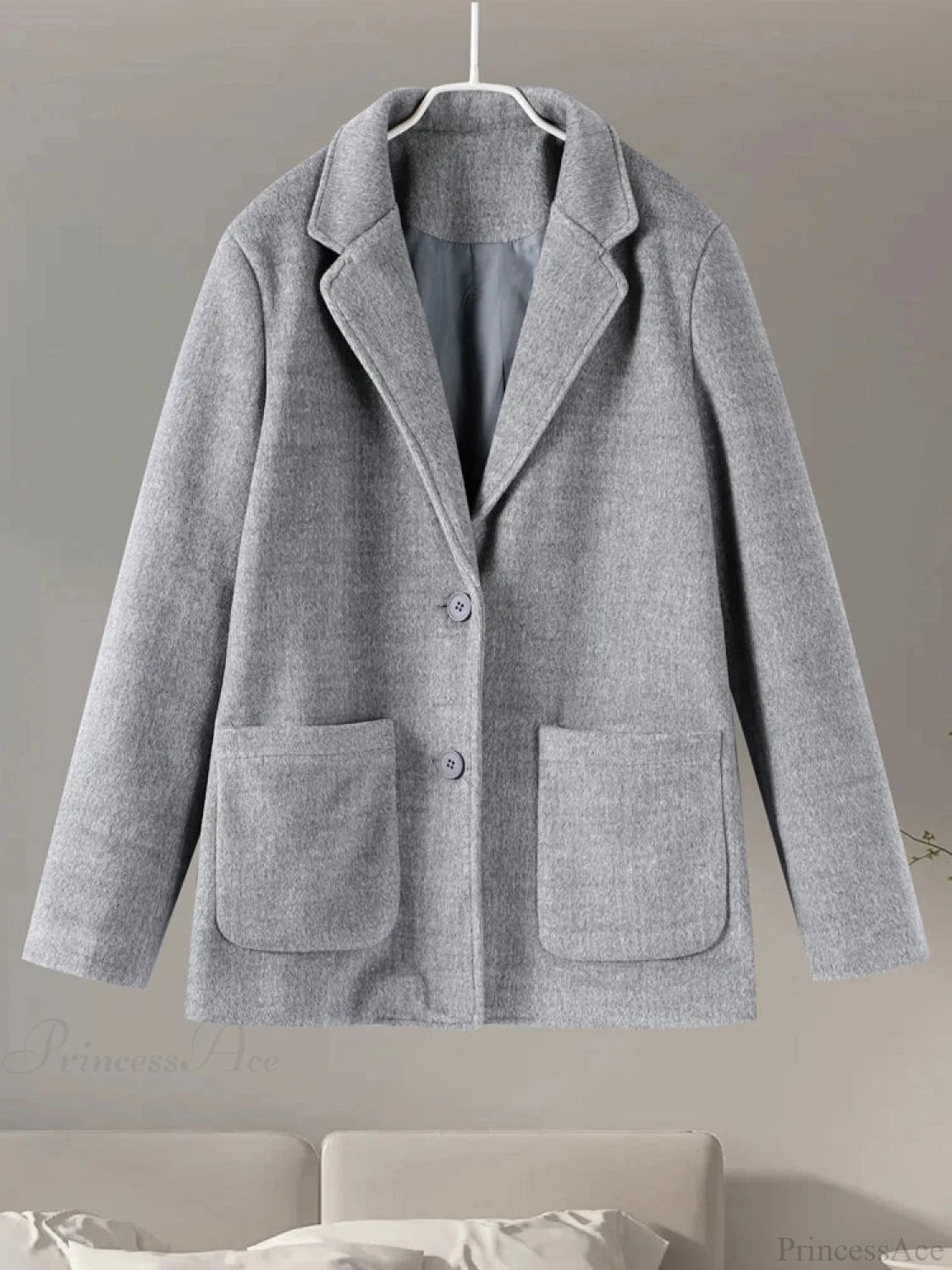 Gray Wool Notched Button Up Overcoat