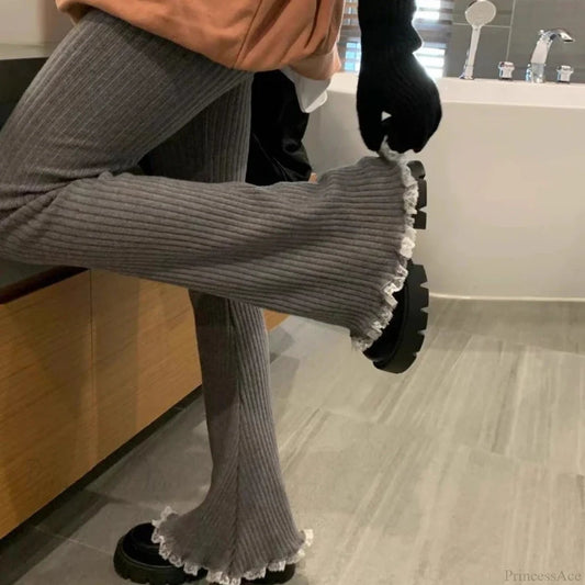 Gray Lace Flare Knit Pants