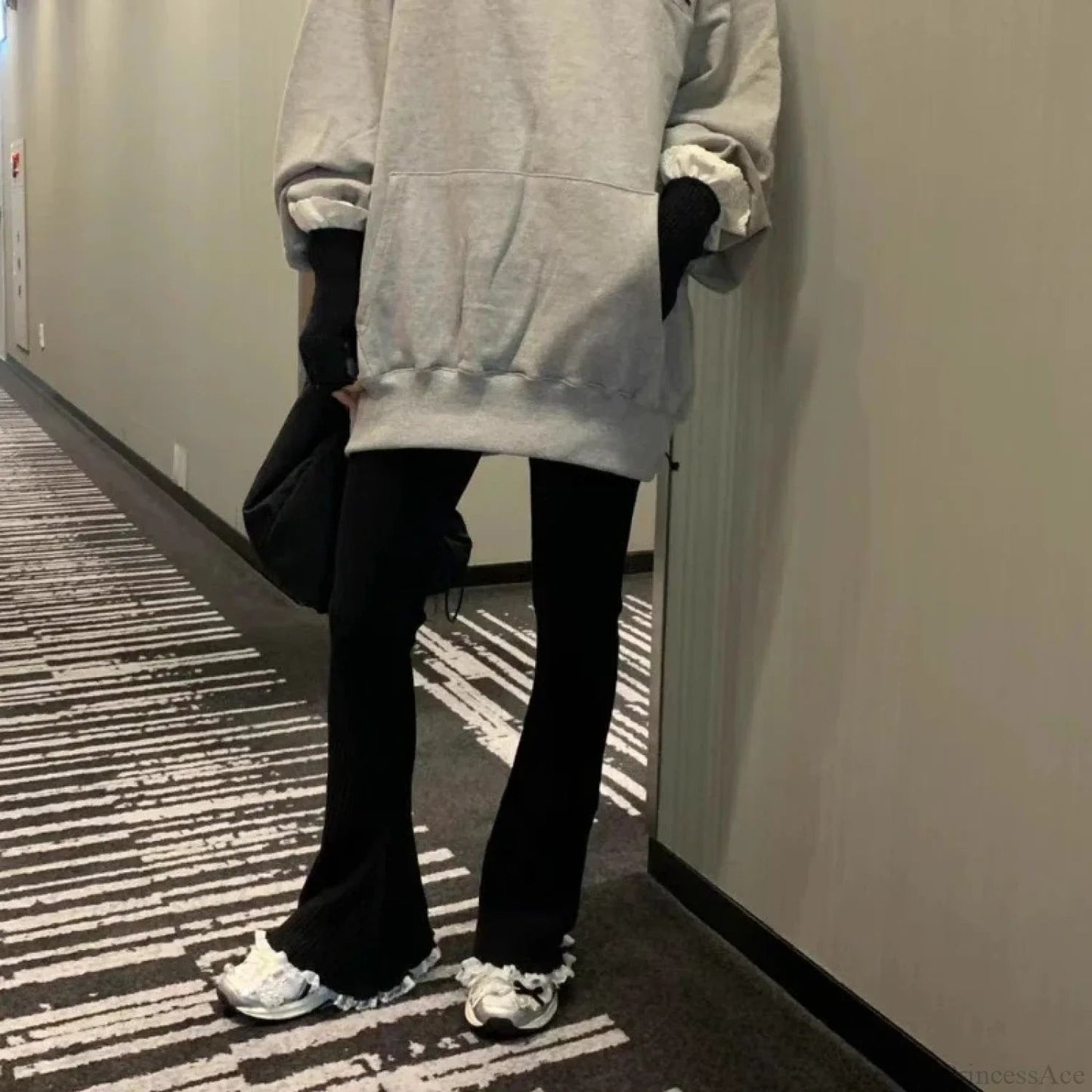Gray Lace Flare Knit Pants