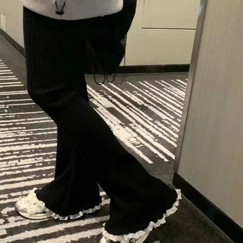 Gray Lace Flare Knit Pants