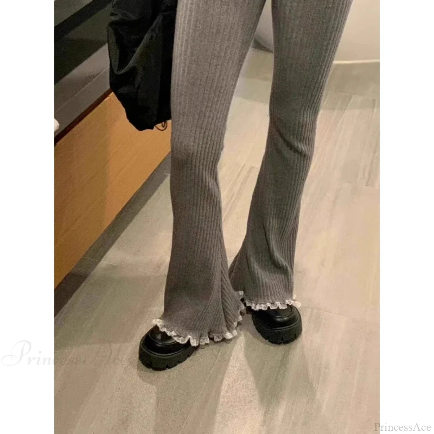 Gray Lace Flare Knit Pants
