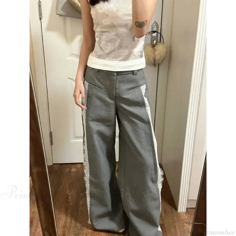 Gray Lace Y2k Suit Wide Leg Pants