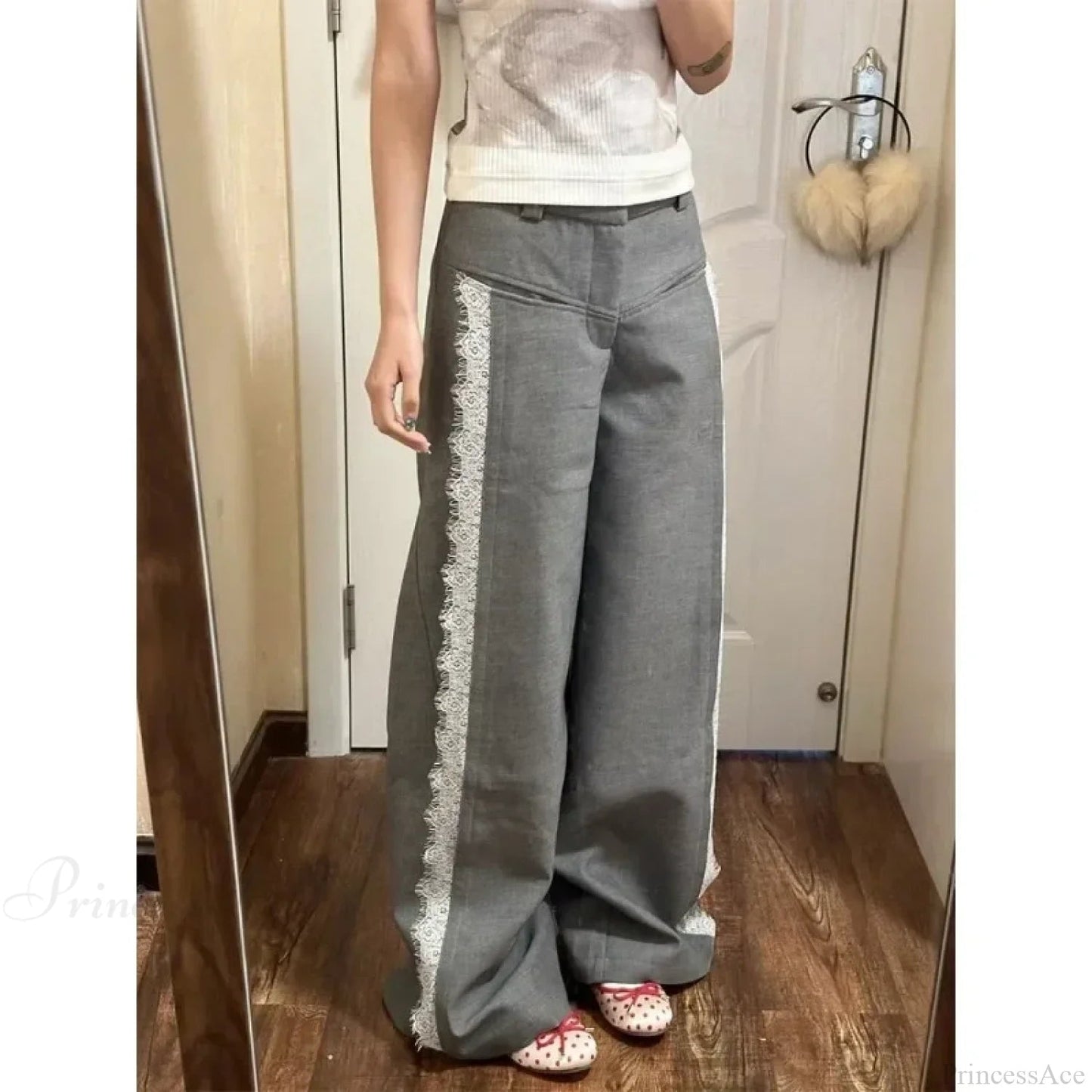 Gray Lace Y2k Suit Wide Leg Pants