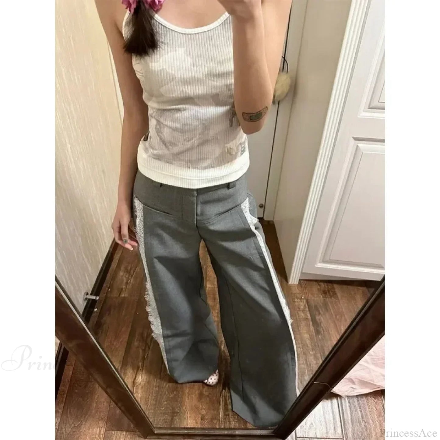 Gray Lace Y2k Suit Wide Leg Pants