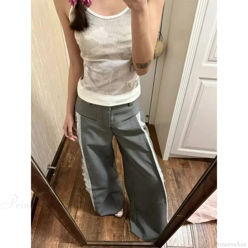 Gray Lace Y2k Suit Wide Leg Pants