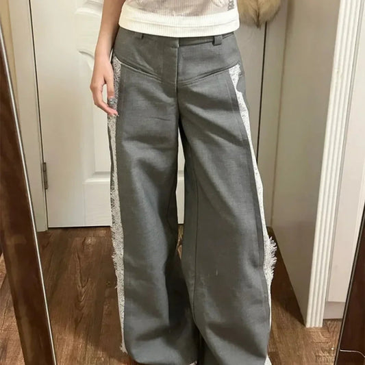 Gray Lace Y2k Suit Wide Leg Pants