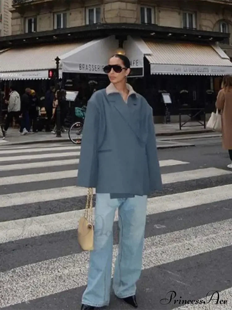 Gray Lapel Buttoned Loose Long Sleeves New Fashionable Stylish Coat