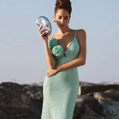 Green 3d Flower Charming Sequin Cami Maxi Dress