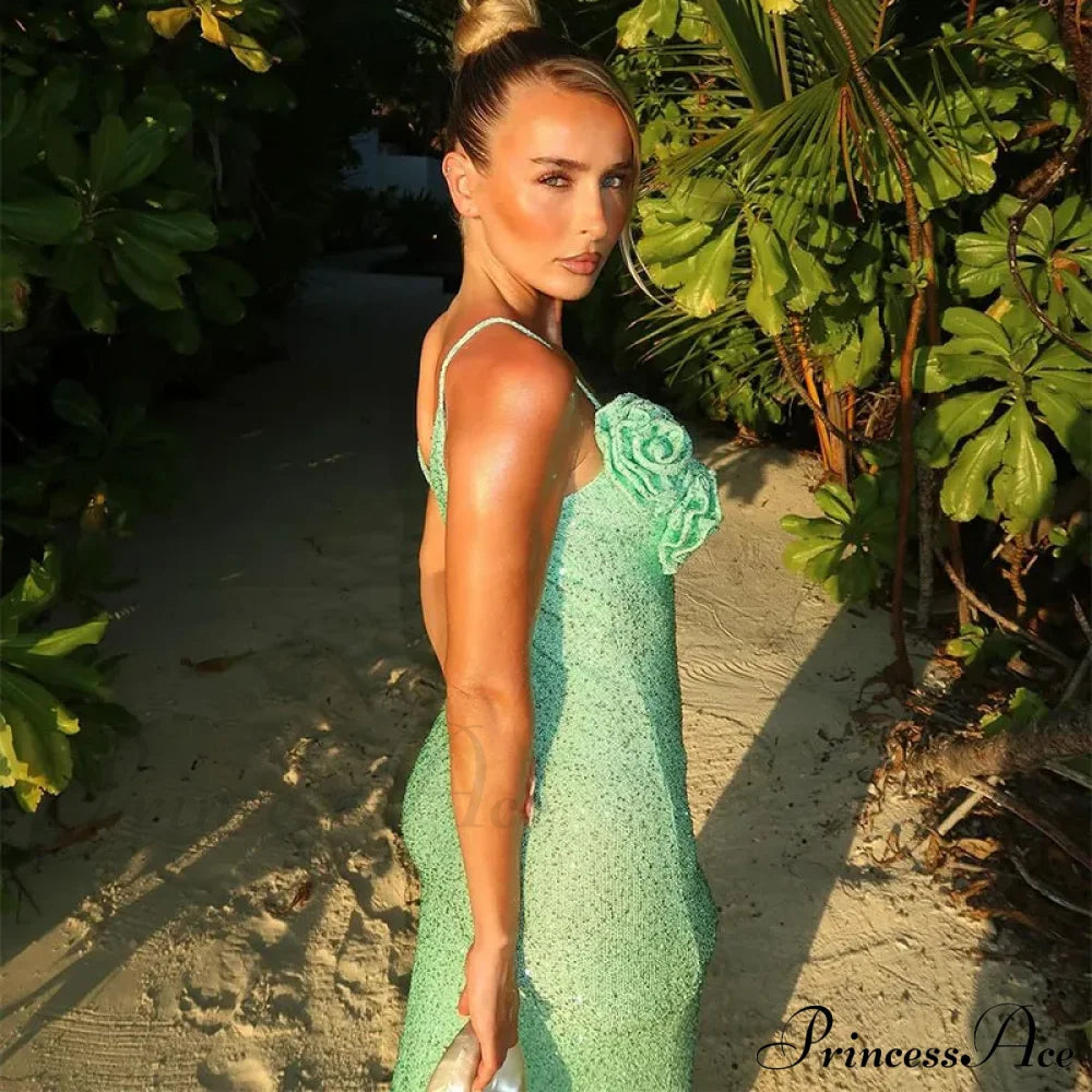 Green 3d Flower Charming Sequin Cami Maxi Dress