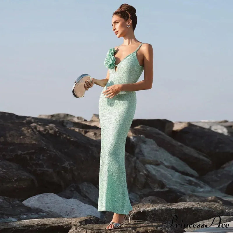 Green 3d Flower Charming Sequin Cami Maxi Dress