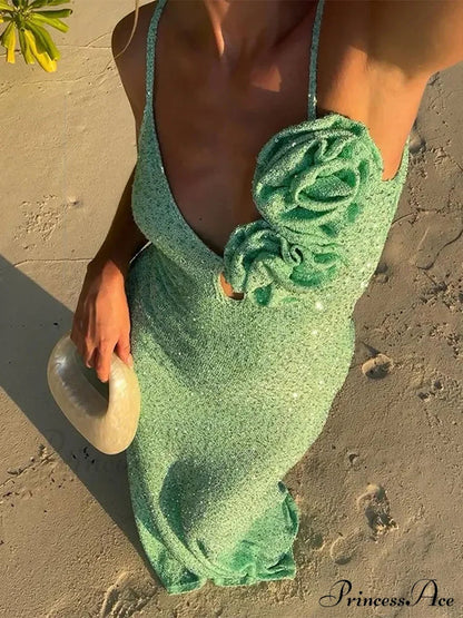 Green 3d Flower Charming Sequin Cami Maxi Dress