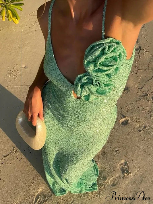Green 3d Flower Charming Sequin Cami Maxi Dress