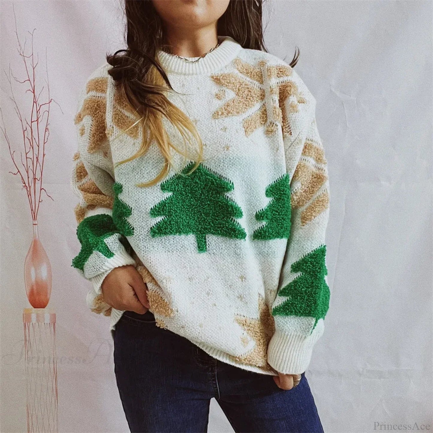Green Tree Embroidery Knitted Pullover Loose Retro Christmas Sweater