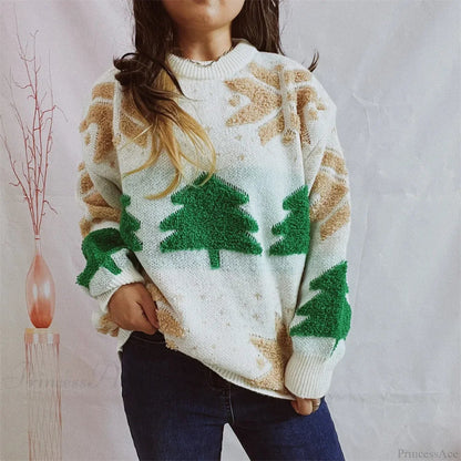 Green Tree Embroidery Knitted Pullover Loose Retro Christmas Sweater